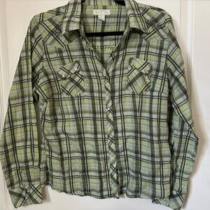 Plaid Button Down Western Shirt - Greens w/Silver Strands